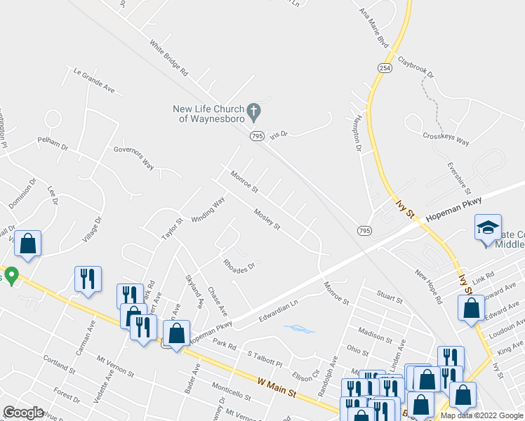 map of restaurants, bars, coffee shops, grocery stores, and more near 2313 Mosley Street in Waynesboro