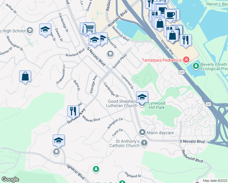 map of restaurants, bars, coffee shops, grocery stores, and more near 5 Cambridge Heights in Novato