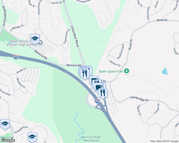 map of restaurants, bars, coffee shops, grocery stores, and more near 1230 Columbus Parkway in Vallejo