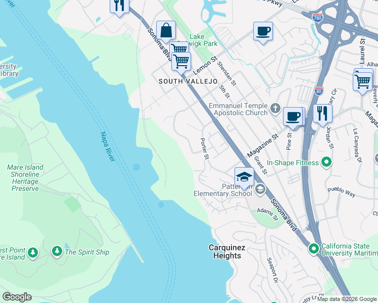 map of restaurants, bars, coffee shops, grocery stores, and more near in Vallejo