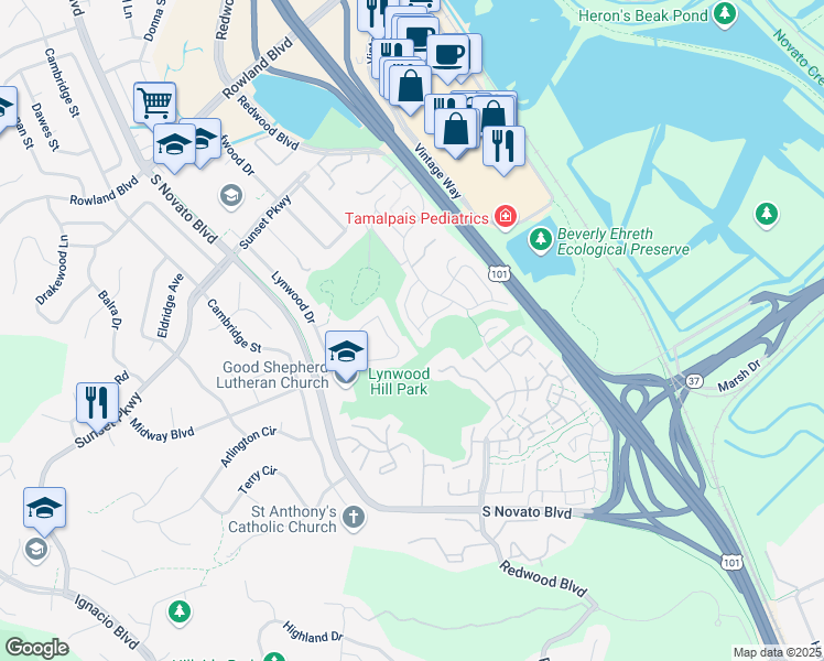 map of restaurants, bars, coffee shops, grocery stores, and more near 33 Pinewood Lane in Novato