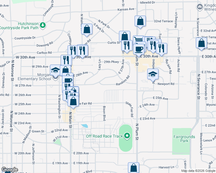 map of restaurants, bars, coffee shops, grocery stores, and more near 44 Random Road in Hutchinson