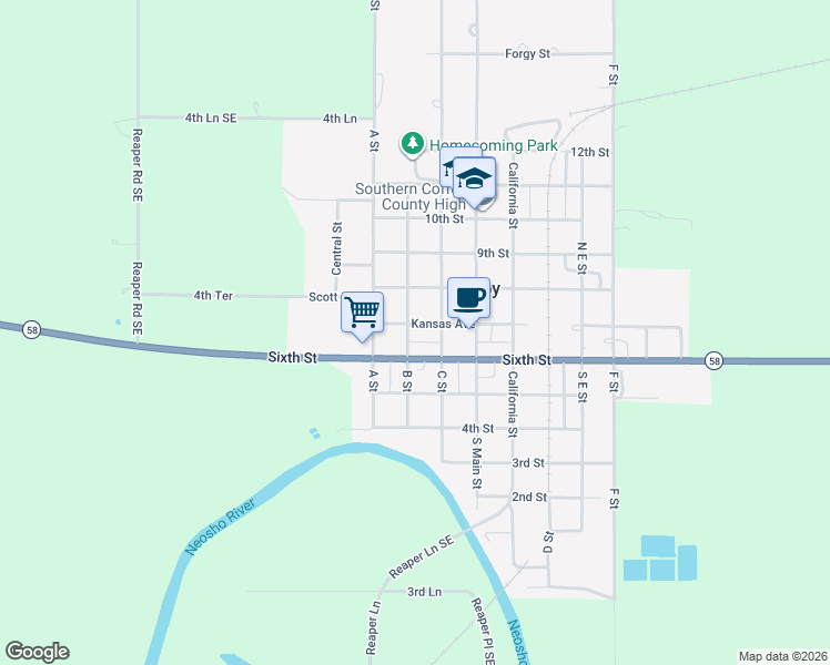 map of restaurants, bars, coffee shops, grocery stores, and more near 200-298 Kansas Avenue in Le Roy