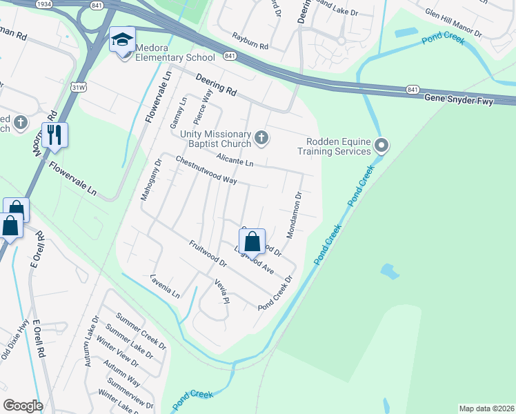 map of restaurants, bars, coffee shops, grocery stores, and more near 11704 Wiltonwood Court in Louisville