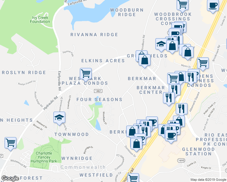 map of restaurants, bars, coffee shops, grocery stores, and more near 1535 Lake Forest Drive in Charlottesville