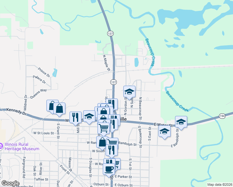map of restaurants, bars, coffee shops, grocery stores, and more near 2-98 West North Street in Pinckneyville