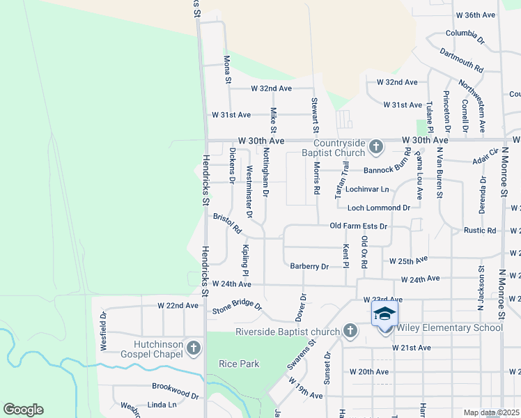 map of restaurants, bars, coffee shops, grocery stores, and more near 2704 Westminster Drive in Hutchinson