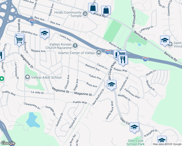 map of restaurants, bars, coffee shops, grocery stores, and more near 1168 Fulton Avenue in Vallejo