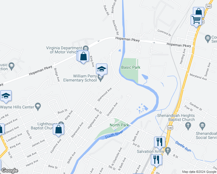 map of restaurants, bars, coffee shops, grocery stores, and more near 933 Sherwood Avenue in Waynesboro