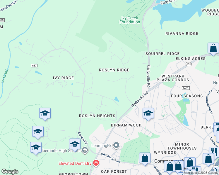 map of restaurants, bars, coffee shops, grocery stores, and more near 95 Roslyn Forest Lane in Charlottesville