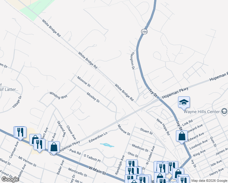 map of restaurants, bars, coffee shops, grocery stores, and more near 2025 White Bridge Road in Waynesboro