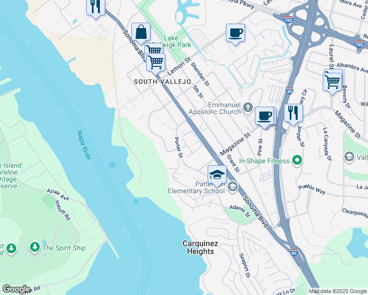 map of restaurants, bars, coffee shops, grocery stores, and more near 101 Larissa Lane in Vallejo