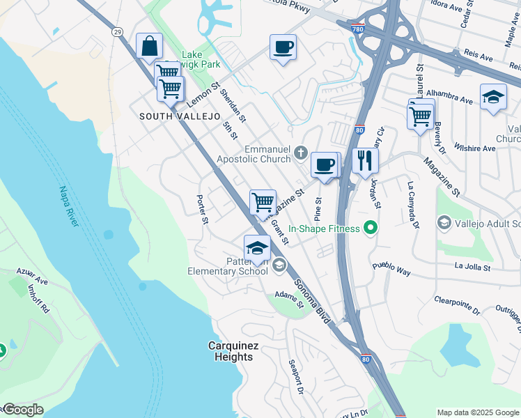map of restaurants, bars, coffee shops, grocery stores, and more near 942 Grant Street in Vallejo