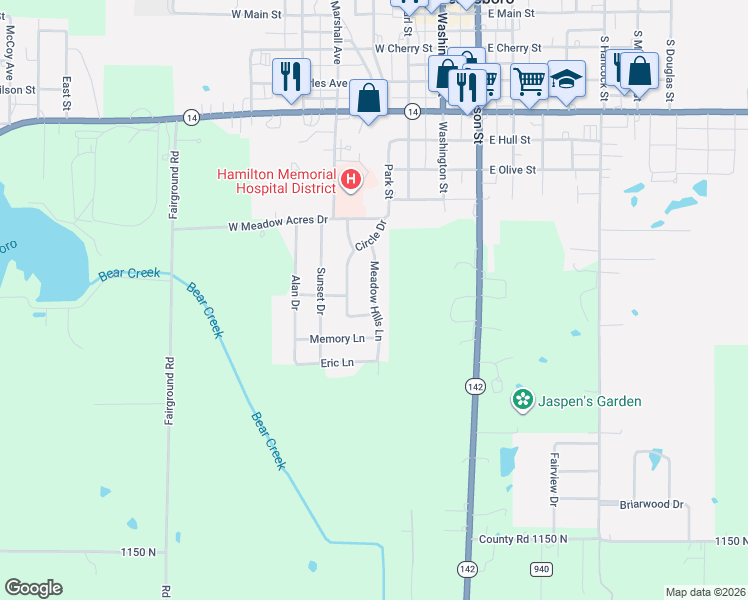 map of restaurants, bars, coffee shops, grocery stores, and more near 215 Meadow Hills Lane in McLeansboro