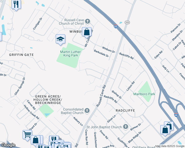 map of restaurants, bars, coffee shops, grocery stores, and more near 1713 Millbank Road in Lexington