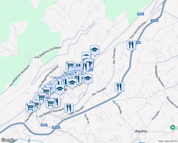 map of restaurants, bars, coffee shops, grocery stores, and more near 55 Via Benedetto D'Acquisto in Palermo