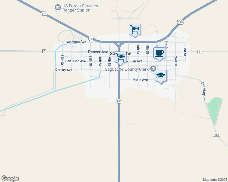 map of restaurants, bars, coffee shops, grocery stores, and more near 14473 US Highway 285 in Saguache