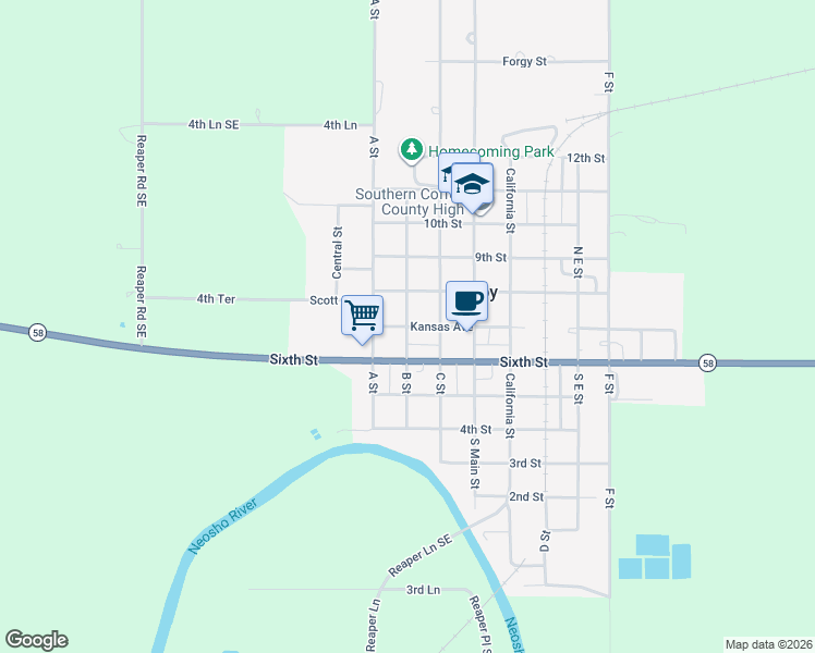 map of restaurants, bars, coffee shops, grocery stores, and more near 200 Kansas Avenue in LeRoy