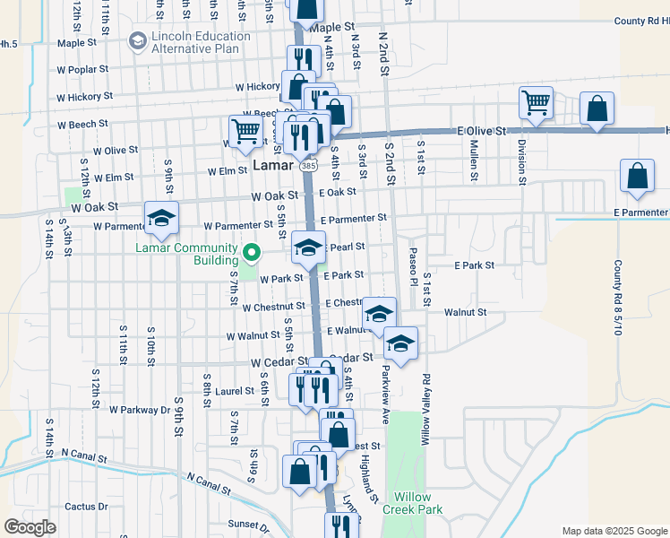 map of restaurants, bars, coffee shops, grocery stores, and more near 600-698 S 4th St in Lamar