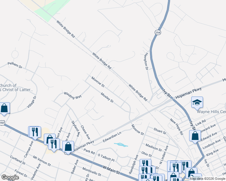 map of restaurants, bars, coffee shops, grocery stores, and more near 2313 Monroe Street in Waynesboro