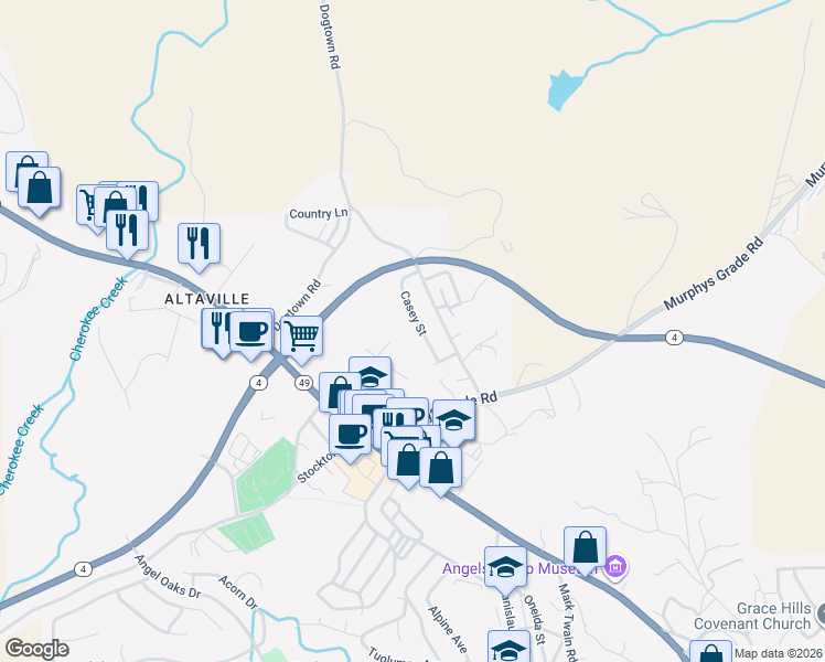 map of restaurants, bars, coffee shops, grocery stores, and more near 693 Casey Street in Angels Camp