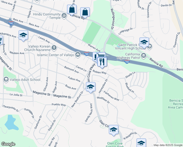 map of restaurants, bars, coffee shops, grocery stores, and more near 240 Valley Oak Lane in Vallejo