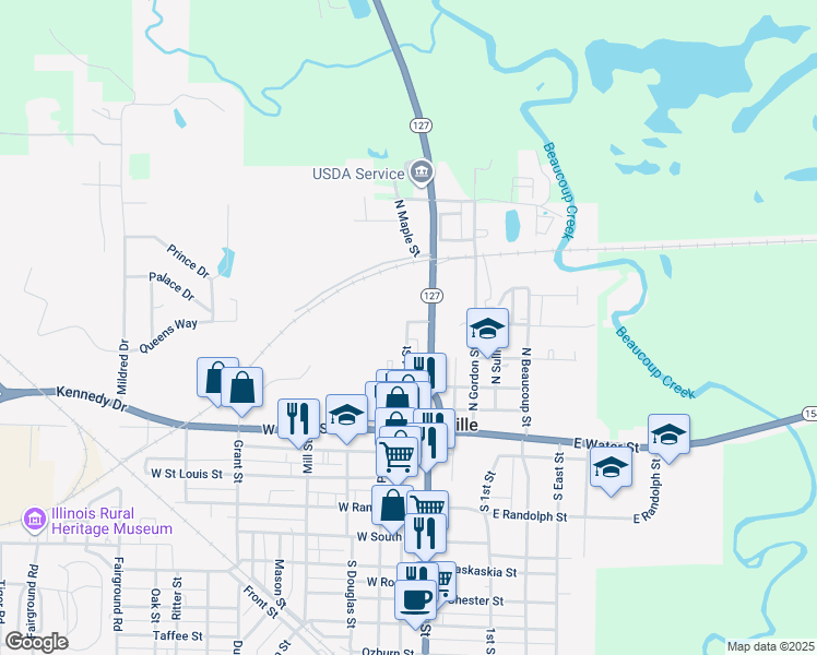 map of restaurants, bars, coffee shops, grocery stores, and more near 2 North Street in Pinckneyville