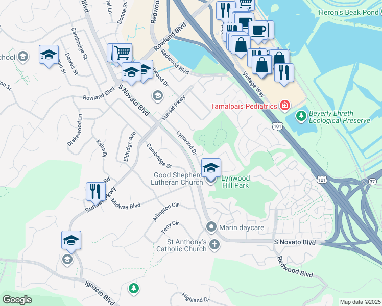 map of restaurants, bars, coffee shops, grocery stores, and more near 1237 Lynwood Drive in Novato