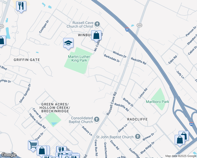 map of restaurants, bars, coffee shops, grocery stores, and more near 1713 Millbank Rd in Lexington