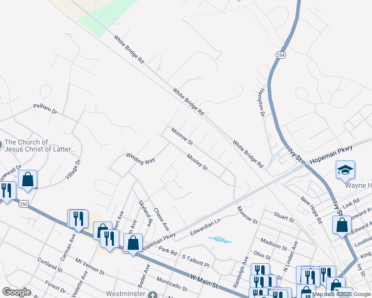 map of restaurants, bars, coffee shops, grocery stores, and more near 2333 Mosley Street in Waynesboro