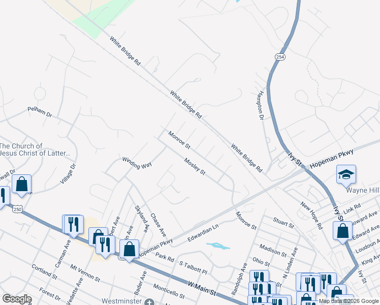 map of restaurants, bars, coffee shops, grocery stores, and more near 2313 Monroe Street in Waynesboro