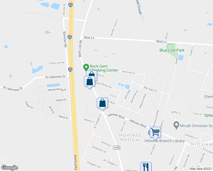 map of restaurants, bars, coffee shops, grocery stores, and more near 214 Bucky Burton Drive in Louisville