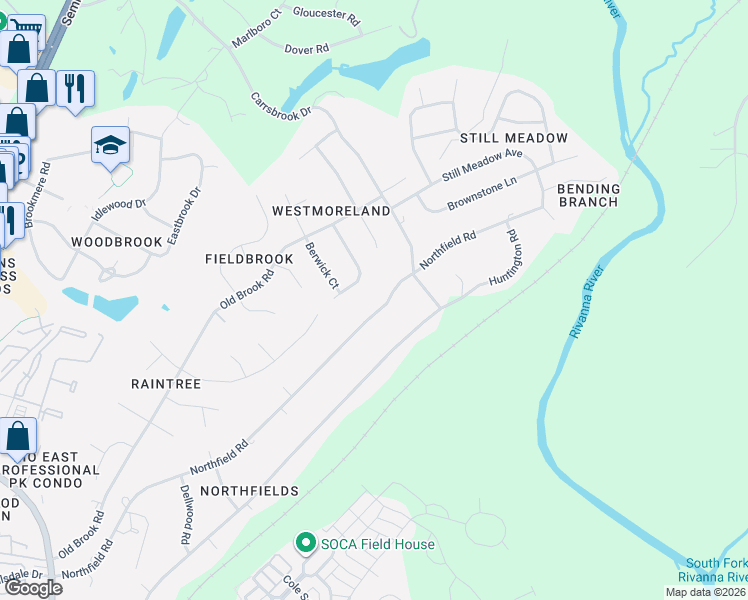 map of restaurants, bars, coffee shops, grocery stores, and more near 2715 Northfield Road in Charlottesville