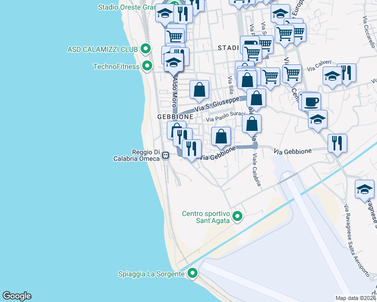 map of restaurants, bars, coffee shops, grocery stores, and more near 130 Viale Aldo Moro in Reggio Calabria