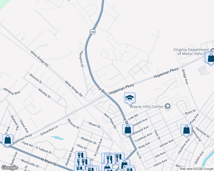 map of restaurants, bars, coffee shops, grocery stores, and more near 241 Overview Street in Waynesboro