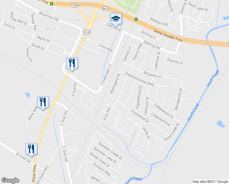 map of restaurants, bars, coffee shops, grocery stores, and more near 11811 Mahogany Drive in Louisville