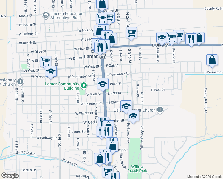 map of restaurants, bars, coffee shops, grocery stores, and more near 600-698 S 4th St in Lamar