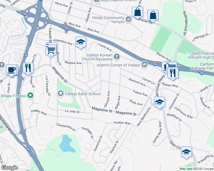 map of restaurants, bars, coffee shops, grocery stores, and more near 409 Gilcrest Avenue in Vallejo