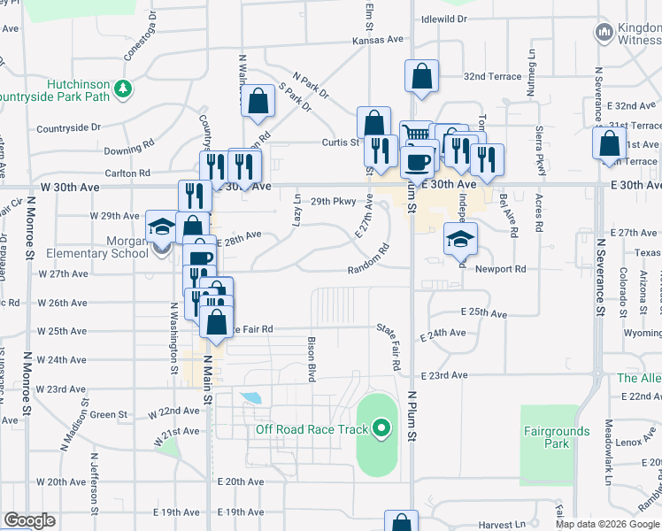 map of restaurants, bars, coffee shops, grocery stores, and more near 44 Random Road in Hutchinson