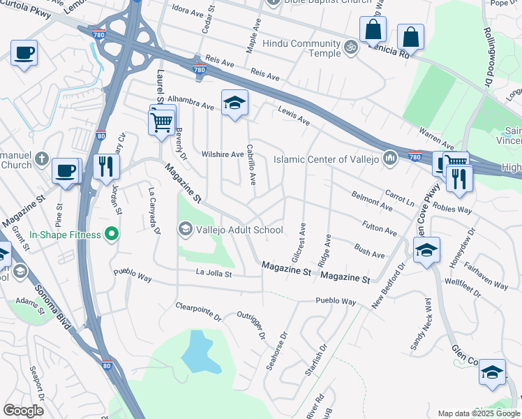 map of restaurants, bars, coffee shops, grocery stores, and more near 808 Fulton Avenue in Vallejo
