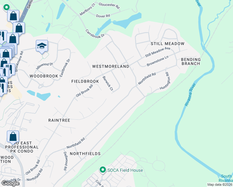 map of restaurants, bars, coffee shops, grocery stores, and more near 2715 Northfield Road in Charlottesville