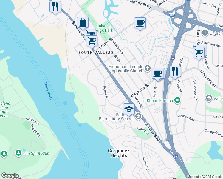 map of restaurants, bars, coffee shops, grocery stores, and more near 100 Larissa Lane in Vallejo