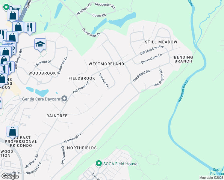 map of restaurants, bars, coffee shops, grocery stores, and more near 2715 Northfield Road in Charlottesville