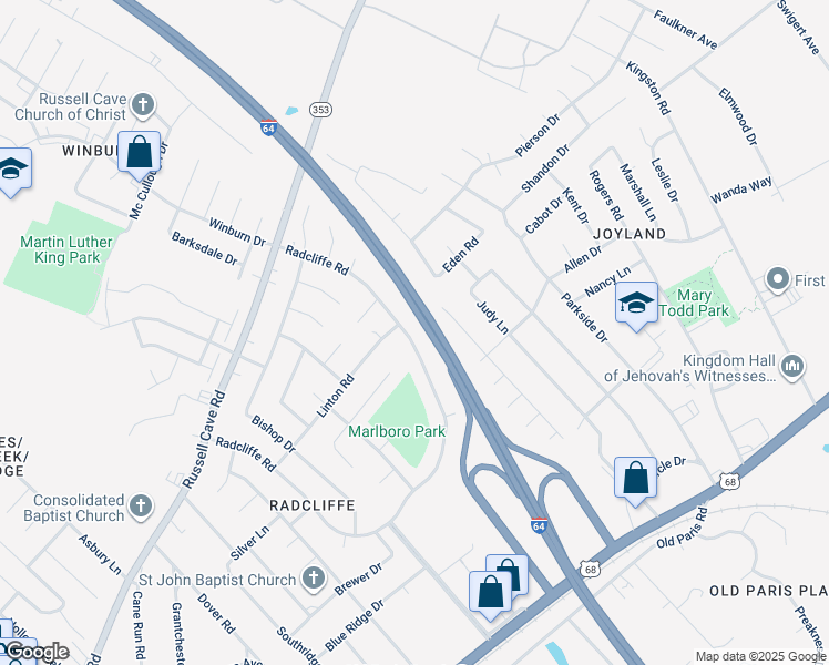 map of restaurants, bars, coffee shops, grocery stores, and more near 304 Radcliffe Road in Lexington