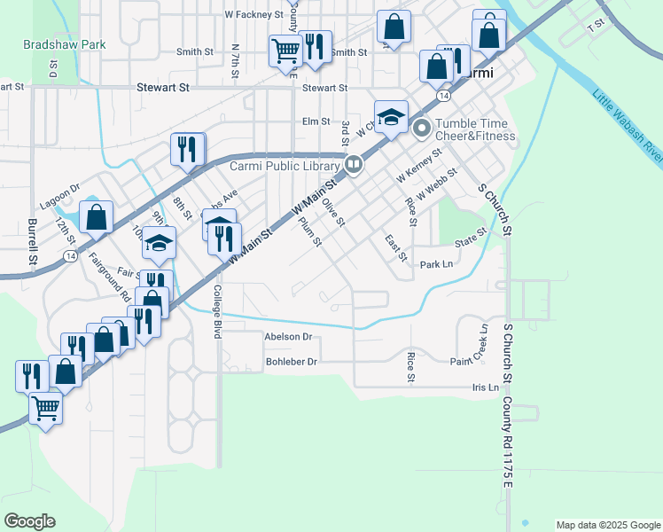 map of restaurants, bars, coffee shops, grocery stores, and more near 601-671 West Webb Street in Carmi