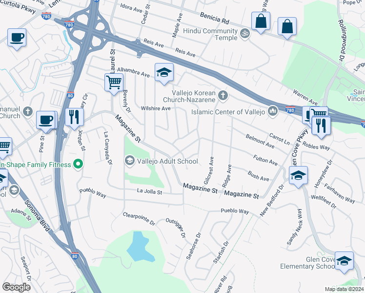map of restaurants, bars, coffee shops, grocery stores, and more near 808 Fulton Avenue in Vallejo