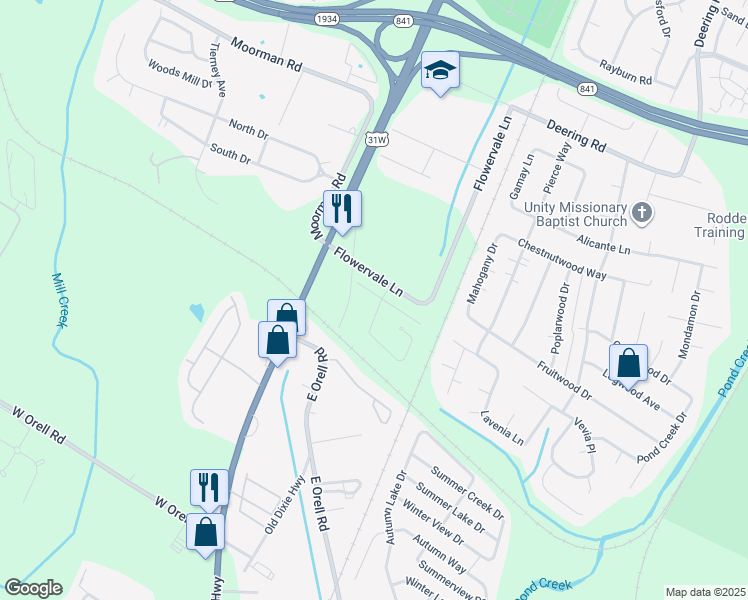 map of restaurants, bars, coffee shops, grocery stores, and more near 6328 Winding Stream Drive in Louisville