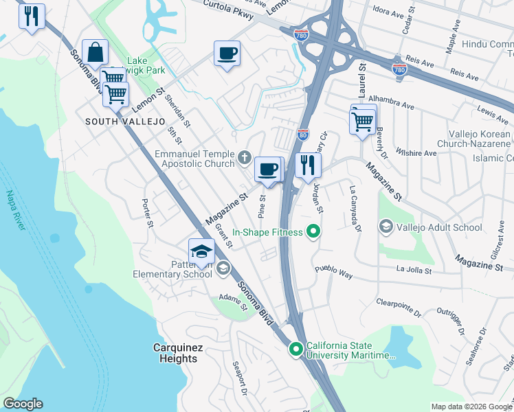 map of restaurants, bars, coffee shops, grocery stores, and more near 1021 Pine St in Vallejo