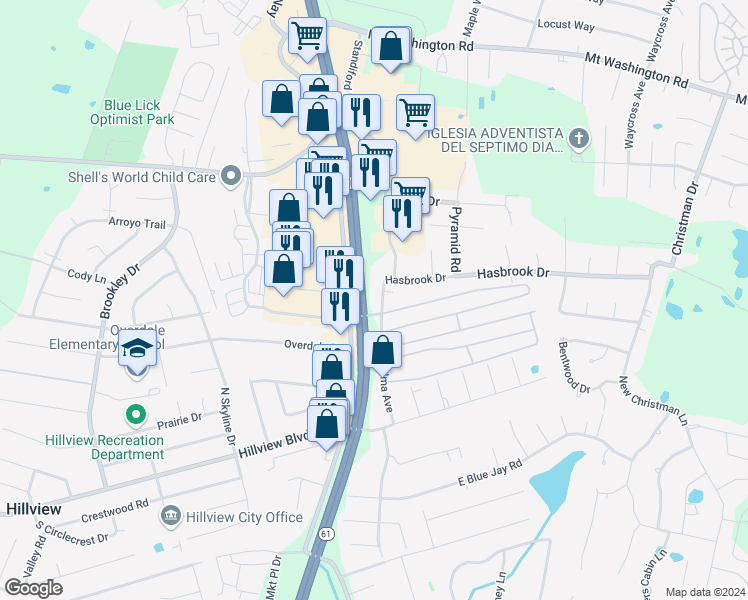 map of restaurants, bars, coffee shops, grocery stores, and more near 11489 Preston Highway in Louisville