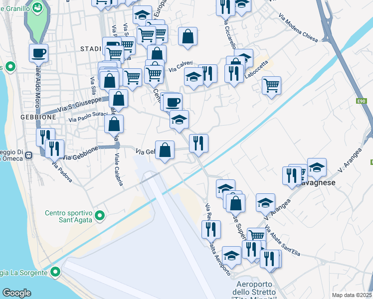 map of restaurants, bars, coffee shops, grocery stores, and more near 150 Via Gebbione in Reggio Calabria